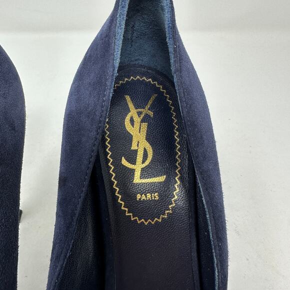 YSL Saint Laurent Tribute Pumps Womens 38.5 US 8.5 Navy Suede Platform Stiletto - Picture 4 of 12